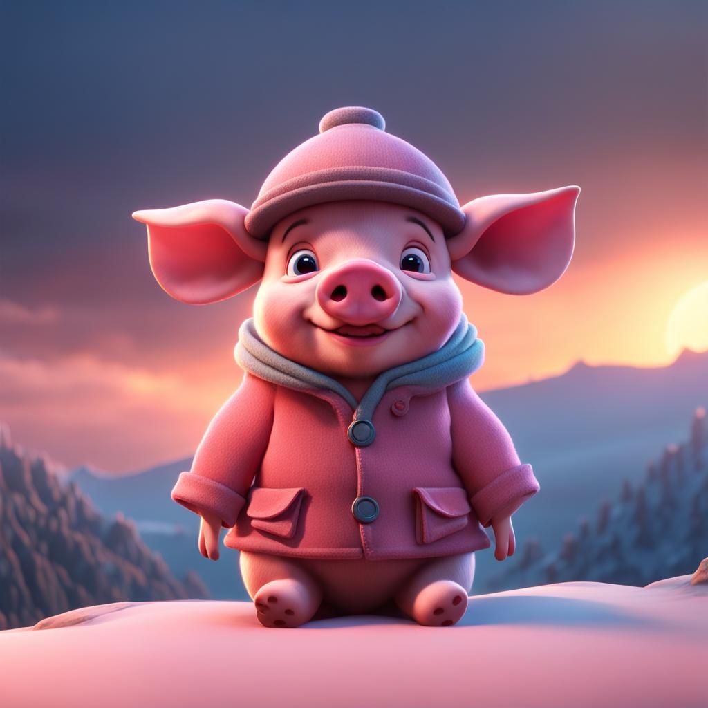 Piglet in Coat on Misty Mountain: 3D Digital Art