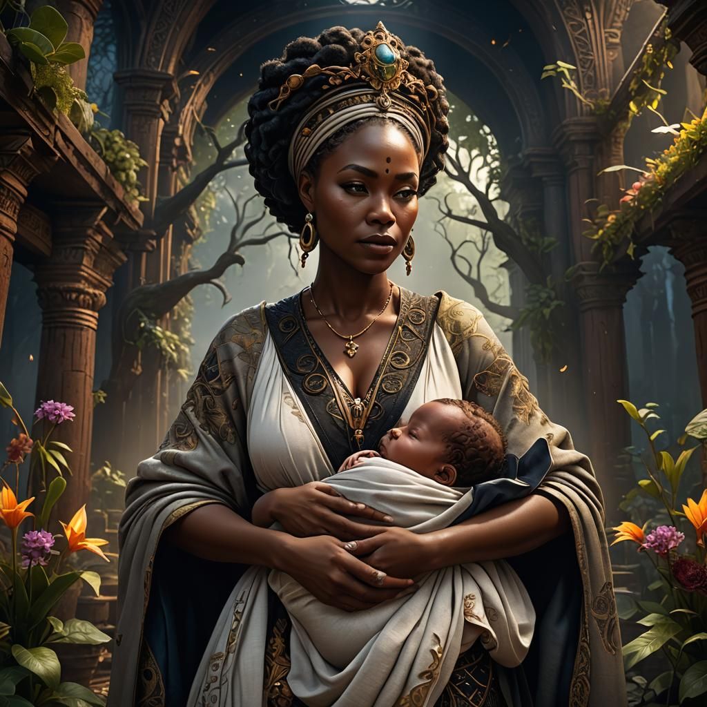 Black Mother and Newborn: Fantasy Concept Art