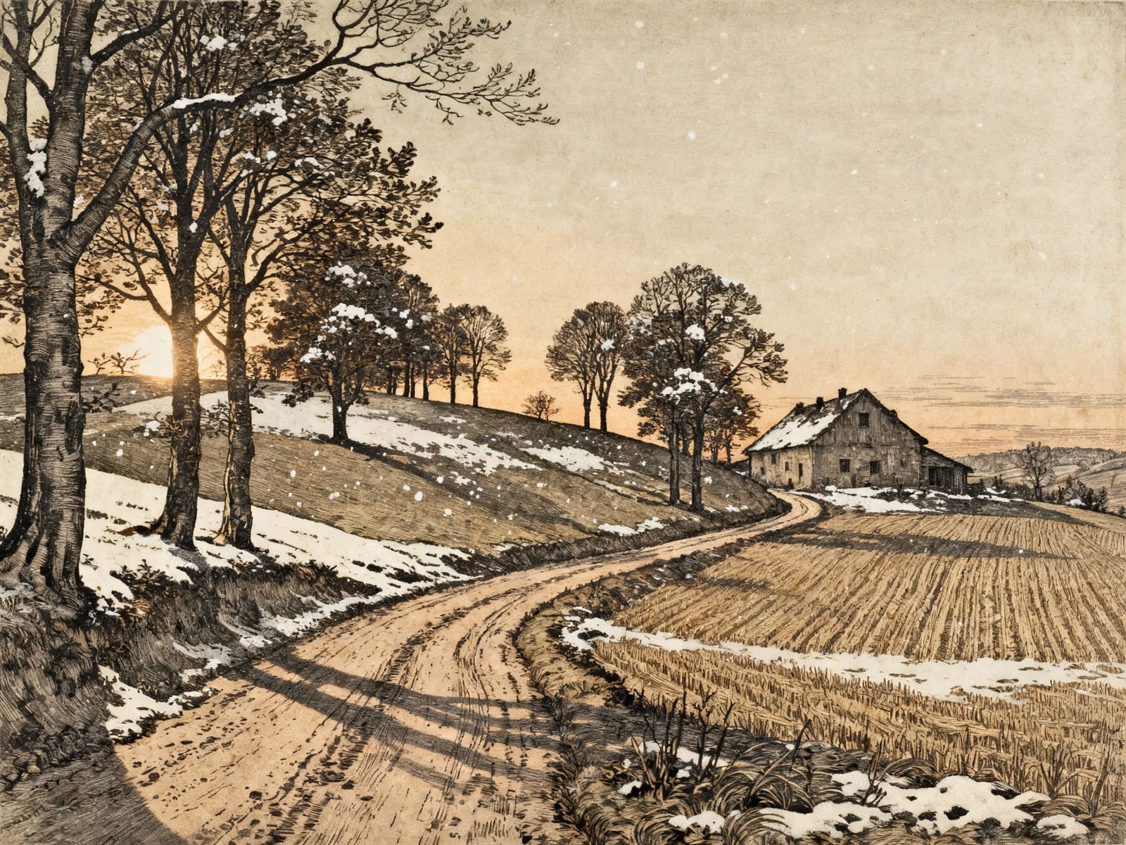 Evening Landscape with Farmhouse and First Snow