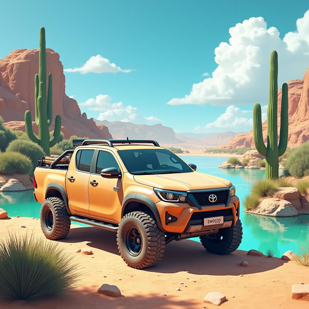Futuristic 4x4 Oasis Scene in Desert Landscape