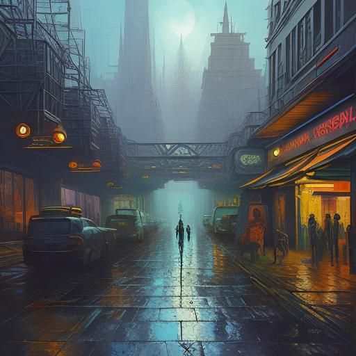 Neo-Cubist Cityscape: Kiss in Art Deco Style