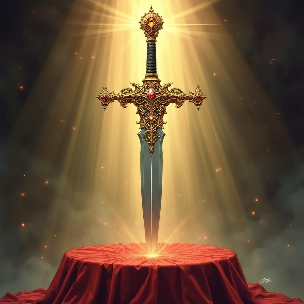 Epic Fantasy Sword in Golden Filigree and Velvet