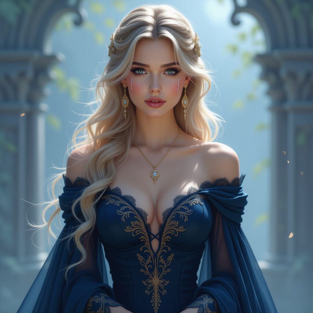 Ethereal woman in dark blue attire, long blonde wispy hair cascading down shoulders, photorealism, inspired by Luis Royo...