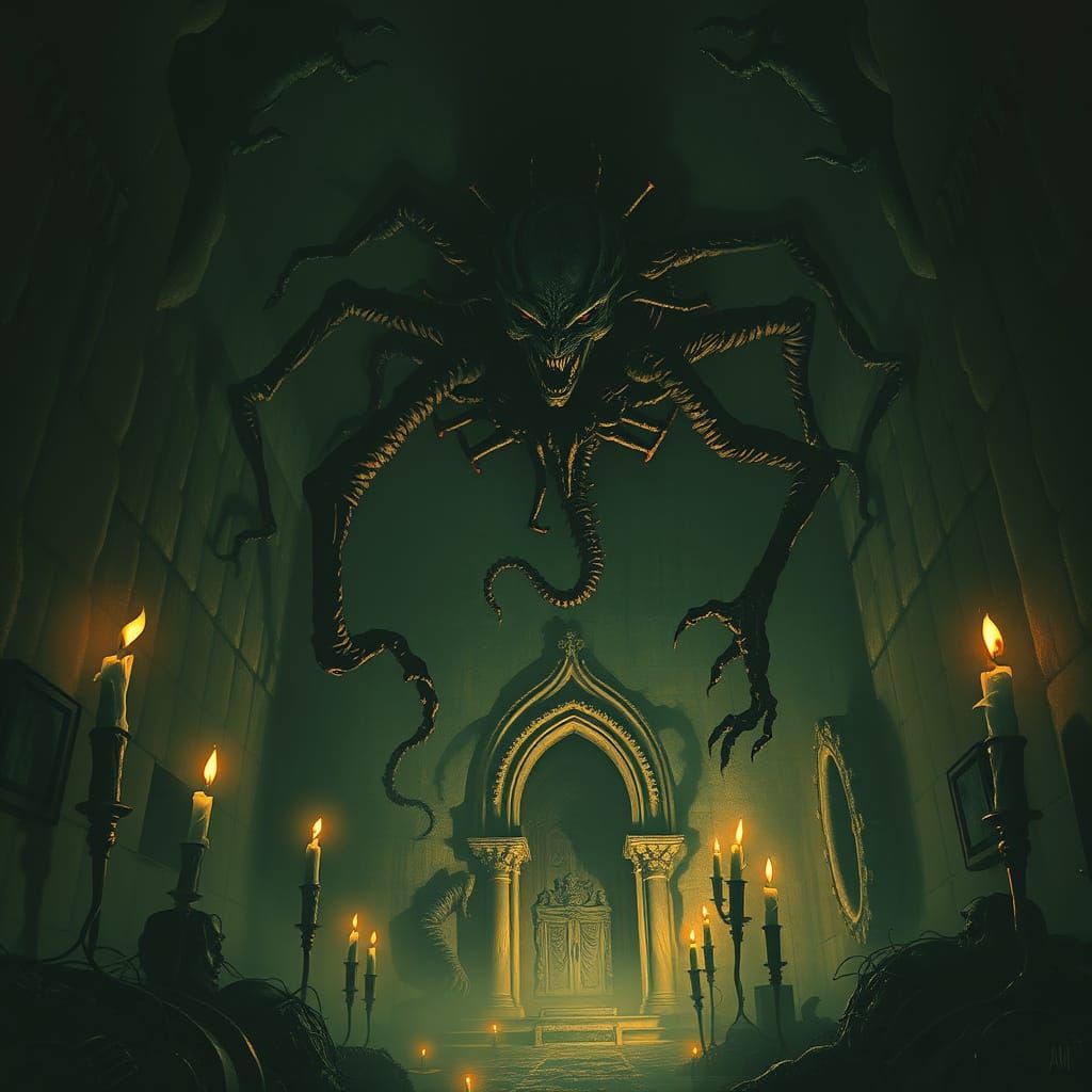 Dark, Ominous Biomechanical Horror Scene in Flickering Candl...