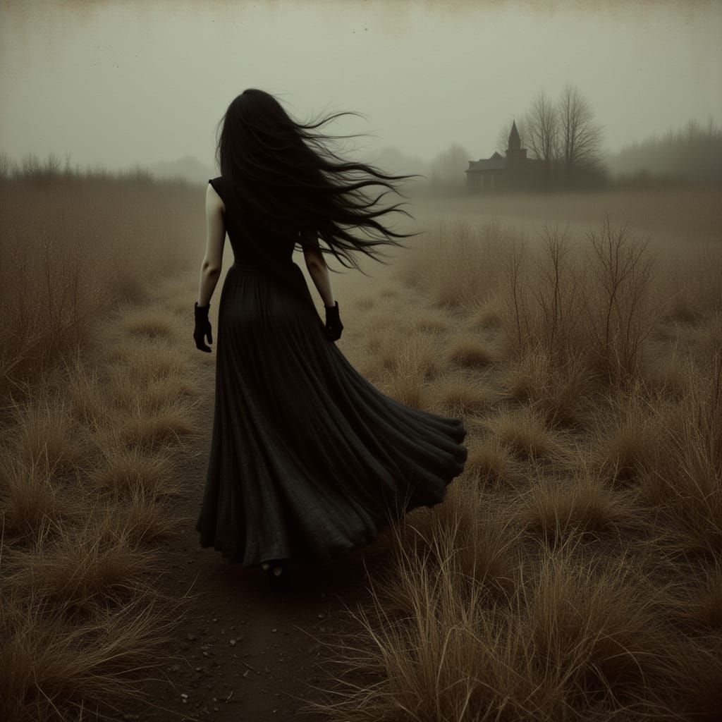 Gothic Woman in Windswept Field as Noir Art