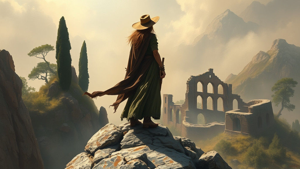 Adventurous Woman Gazing Over Misty Landscape