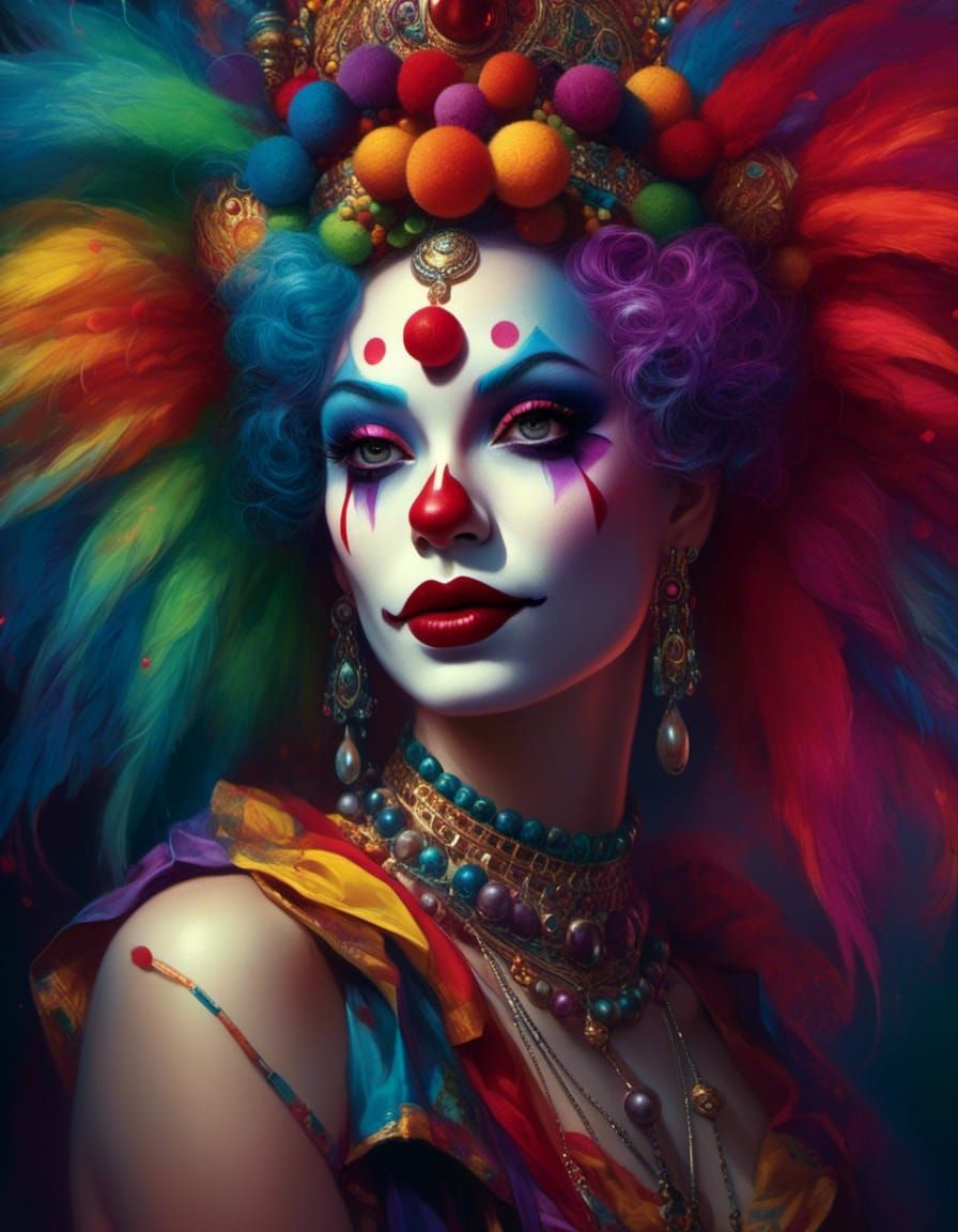 Clown Goddess in Circus Attire as Oil Painting