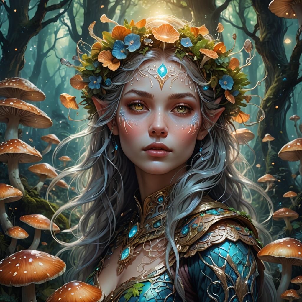 Mystical Moongirl Portrait in Lush Forest, Digital Art