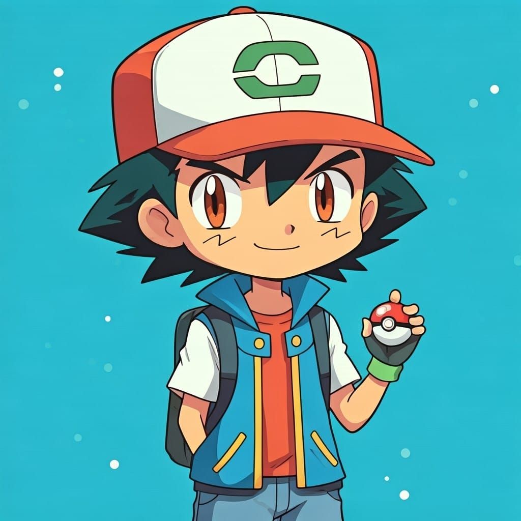 Chibi Ash Ketchum with Poké Ball in Anime Style