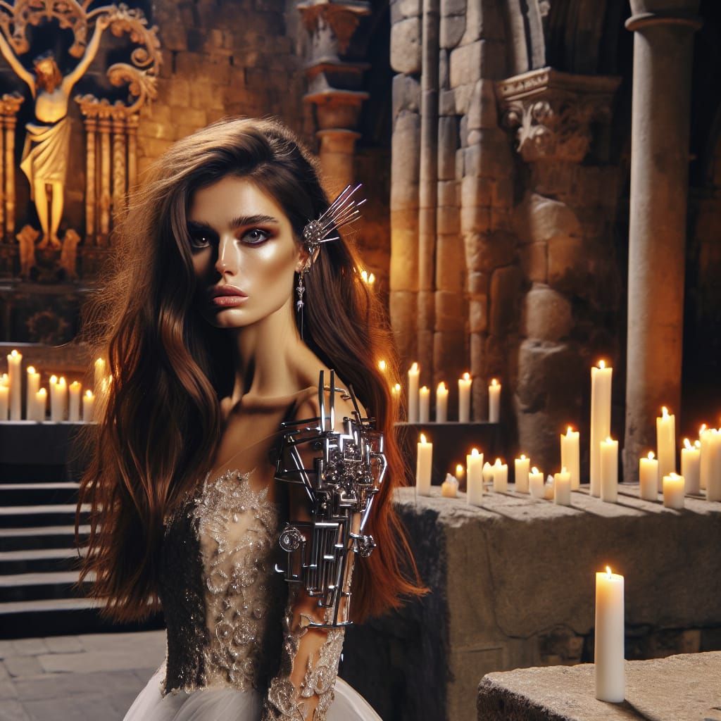 Gothic Bride with Metal Arm at Stone Altar