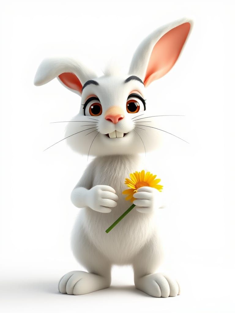 Vibrant Cartoon Rabbit Confidently Holds Yellow Daisy