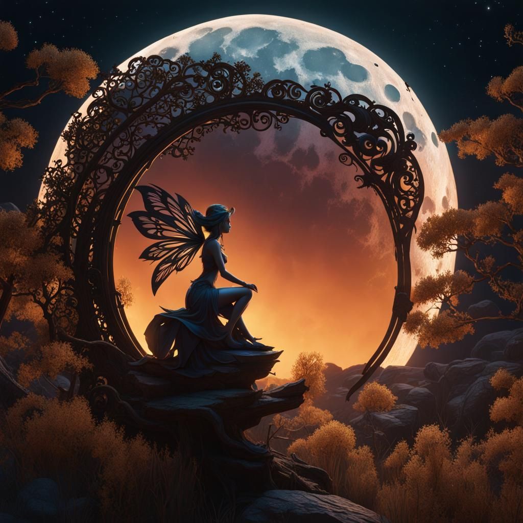 Laser-Cut Wood Fairy Gazing at Moon