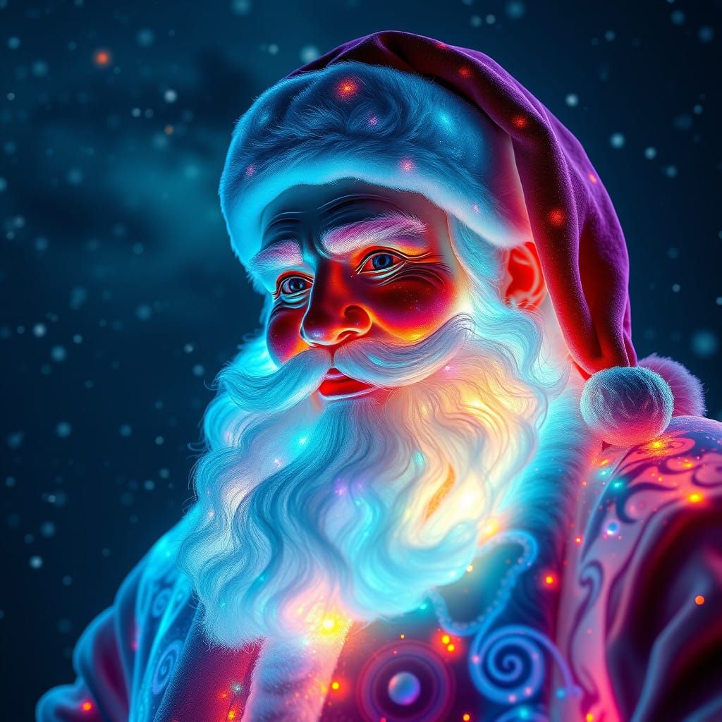 Ethereal Santa Claus Radiates Opalescent Glow in Galactic Ni...