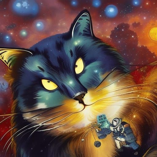 Dystopian Biopunk Cat Inspired by Woodblock and Surrealism