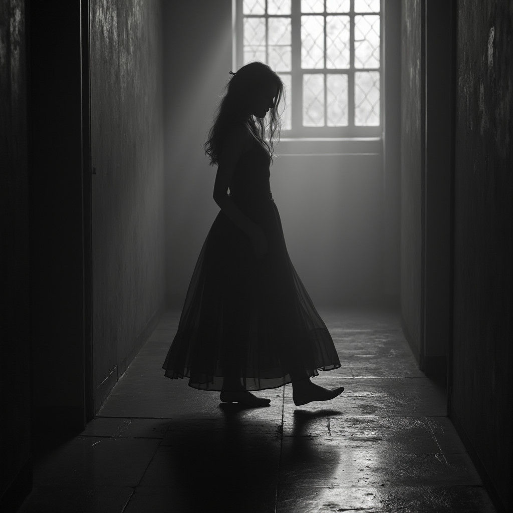 Woman Stepping into Shadows in Grayscale