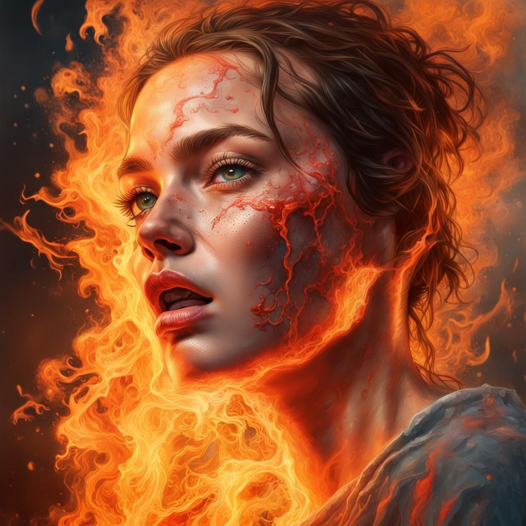 Fiery Cracks: Photorealistic Portrait of a Young Woman
