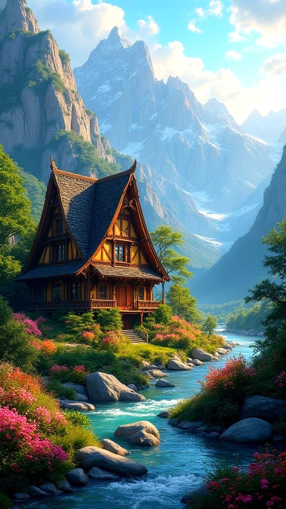 Vibrant Fantasy Mountain Estate Unfolds Along Serene Riverba...