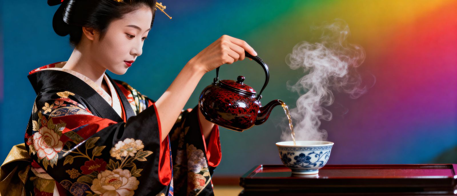 Geisha Pouring Hot Tea In Vibrant Hyperrealistic Style
