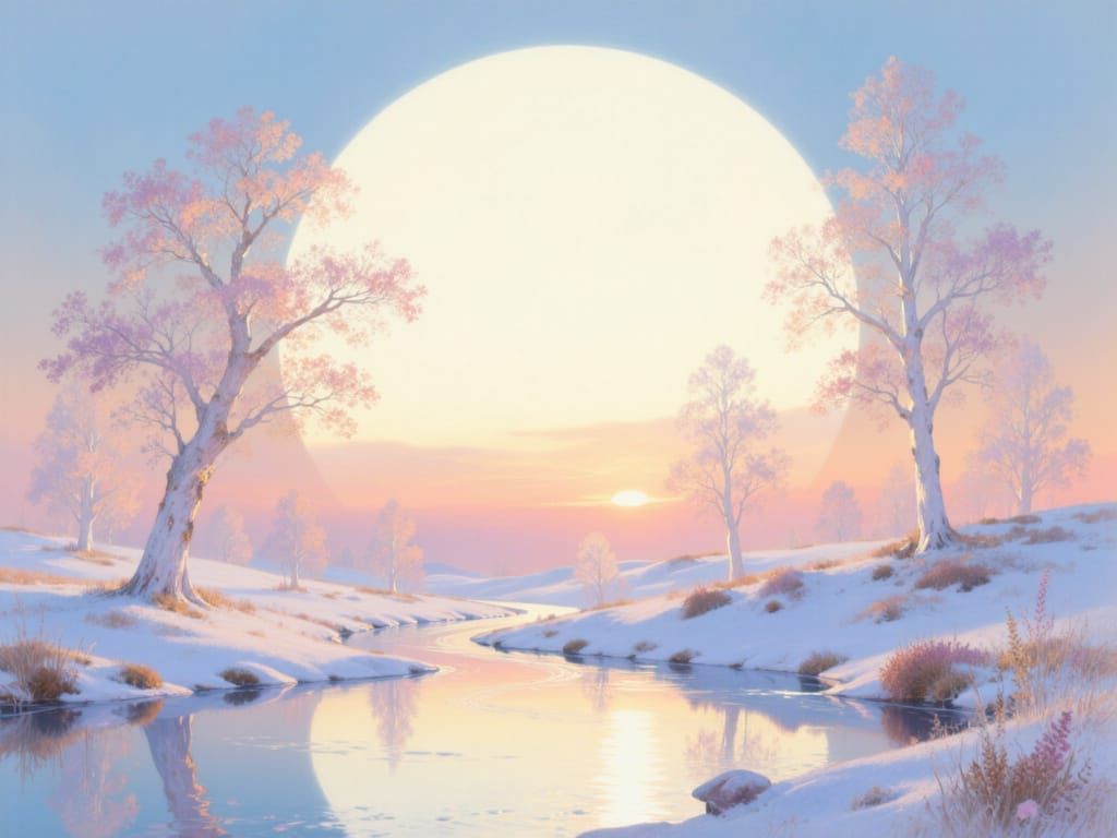 Ethereal Dawn Landscape with Glowing Sun and Pink Trees
