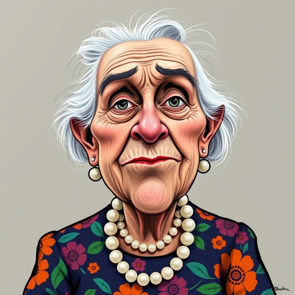 Expressive Caricature of an Old Woman in Vibrant Colors