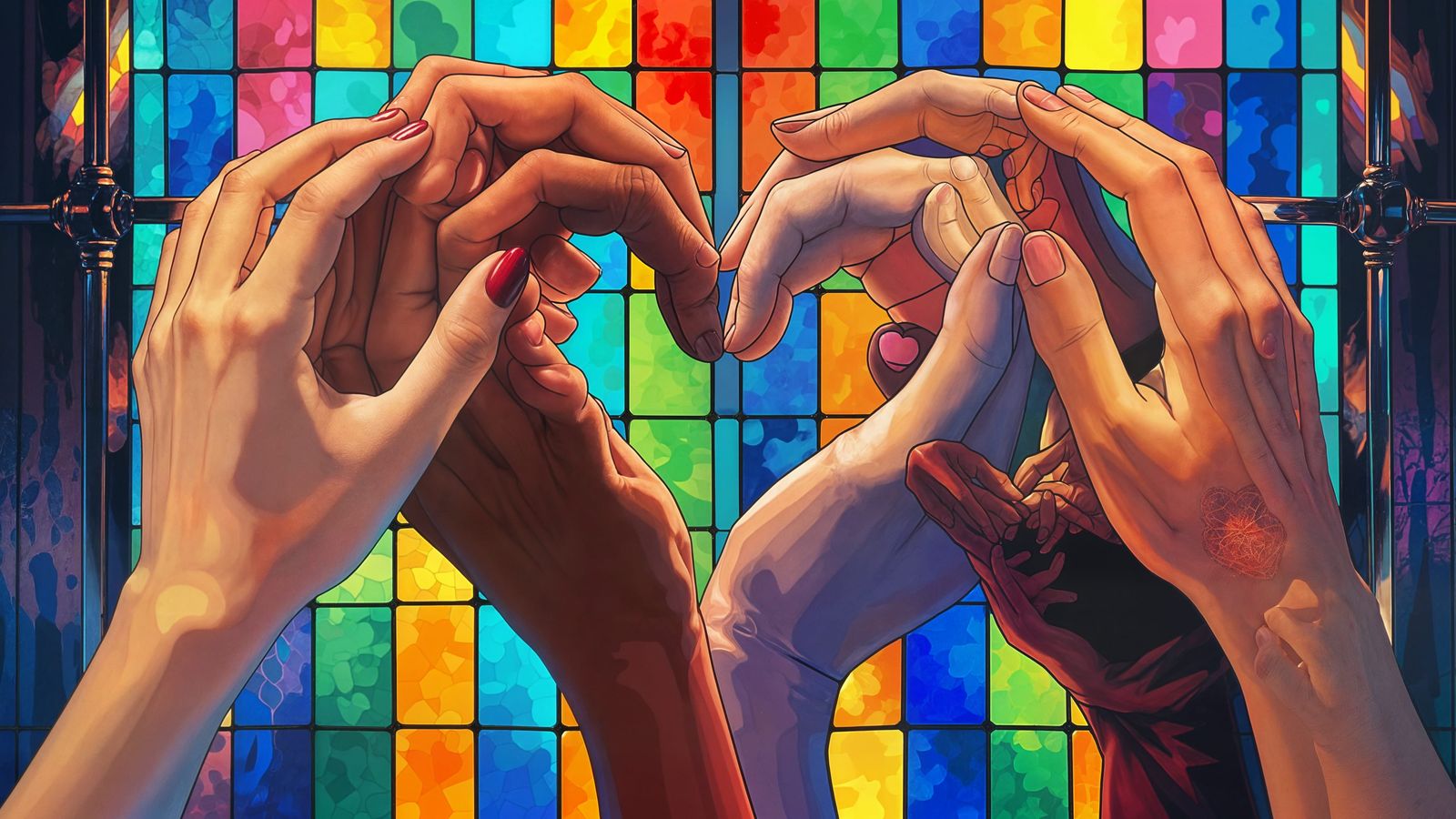Diverse Hands Form Heart in Stained Glass