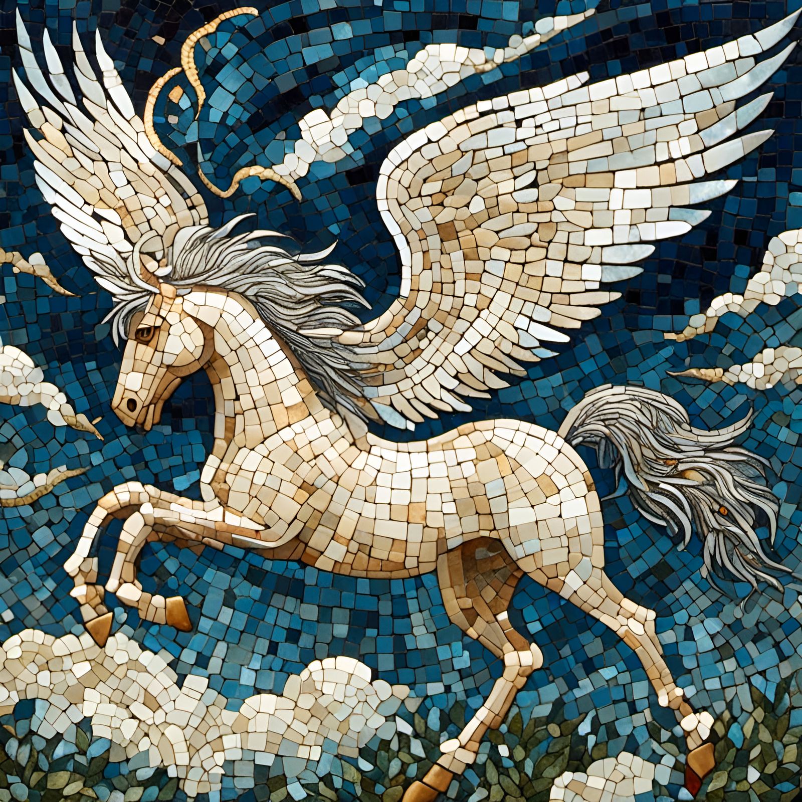 Winged Pegasus in Greek Mosaic Illustration