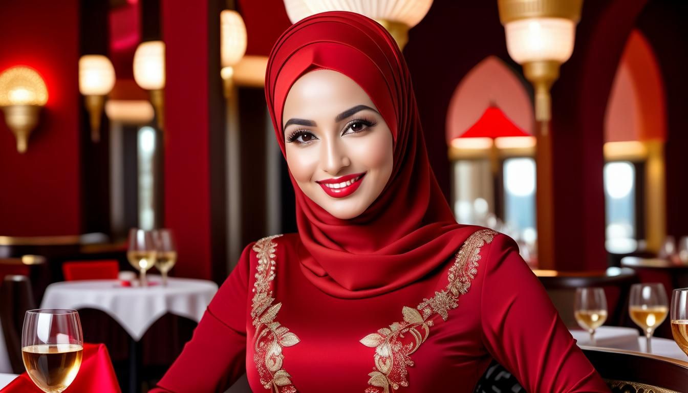 Elegant Egyptian Woman in Restaurant, Ultrarealistic Portrai...