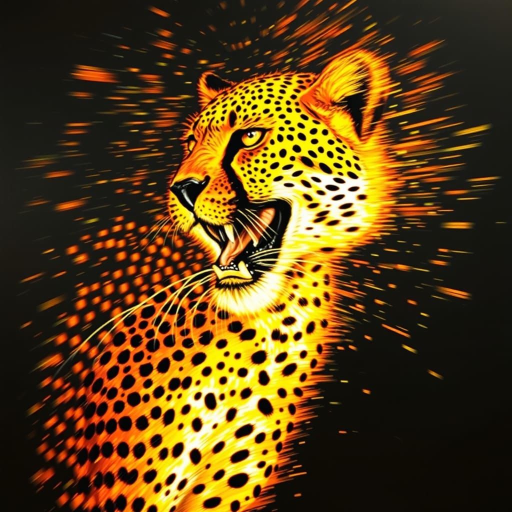 Cheetah in Motion, a Dynamic Portrait in Pointillism and Kin...