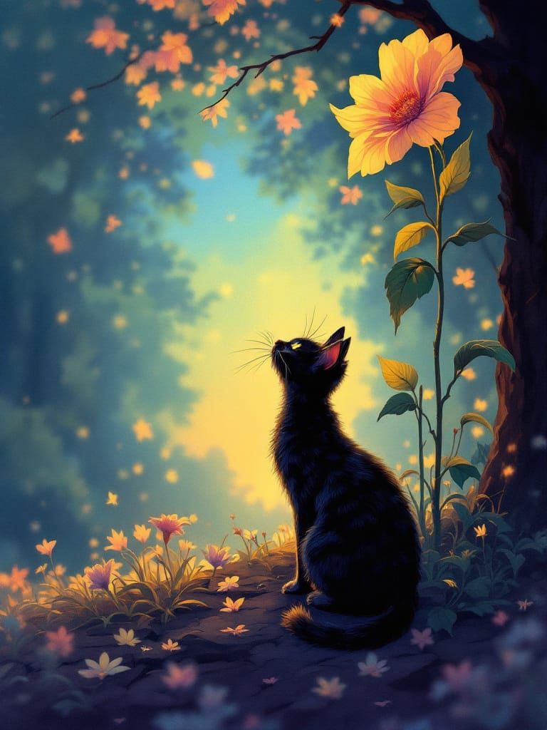 Ethereal Cat Under Flower in Luminous Victorian Style