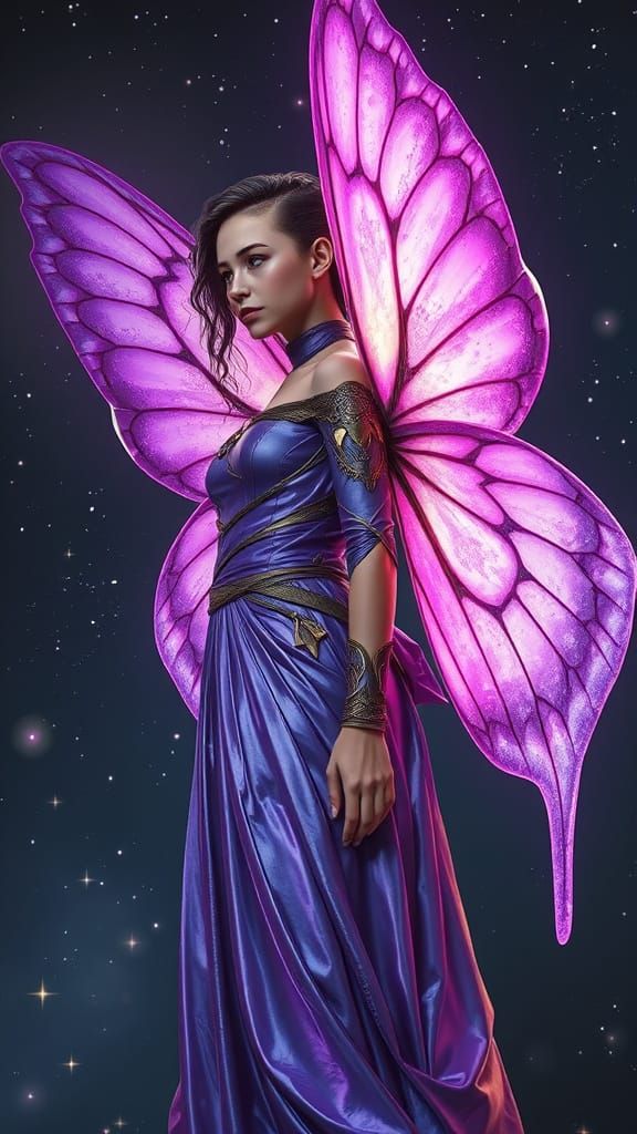 Iridescent Woman with Butterfly Wings in Digital Art Style