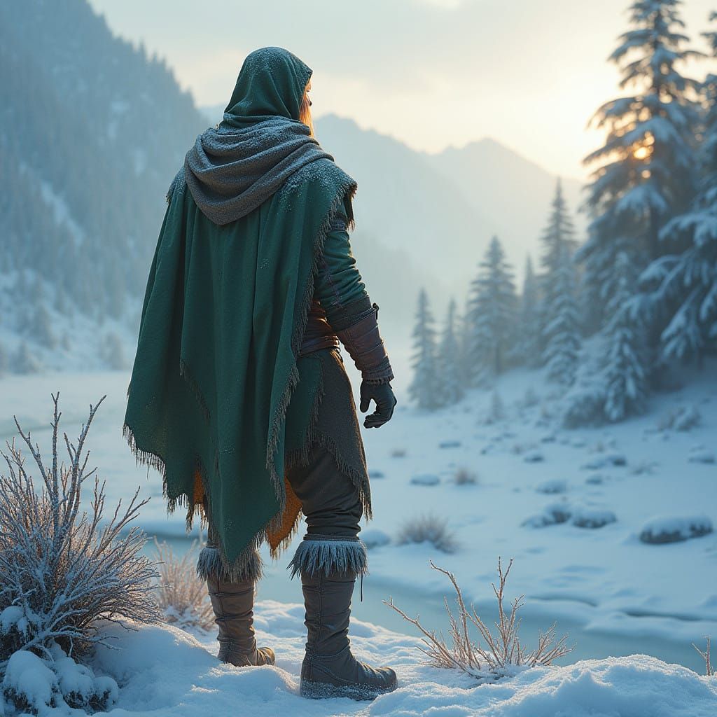 Hyperrealistic Wood Elf Ranger in Winter Wilderness