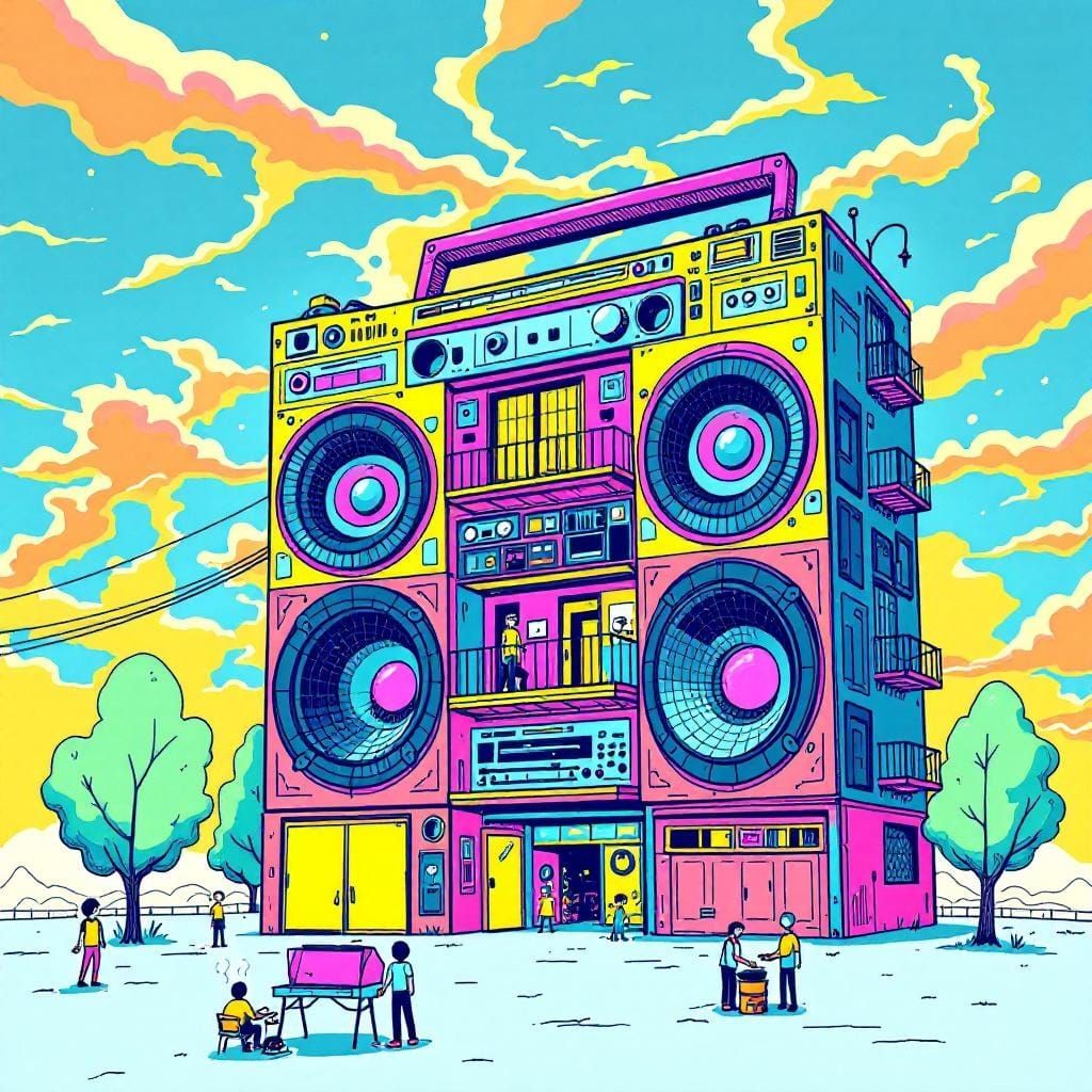 Surreal Boombox Apartment Building in Hand-Drawn Style