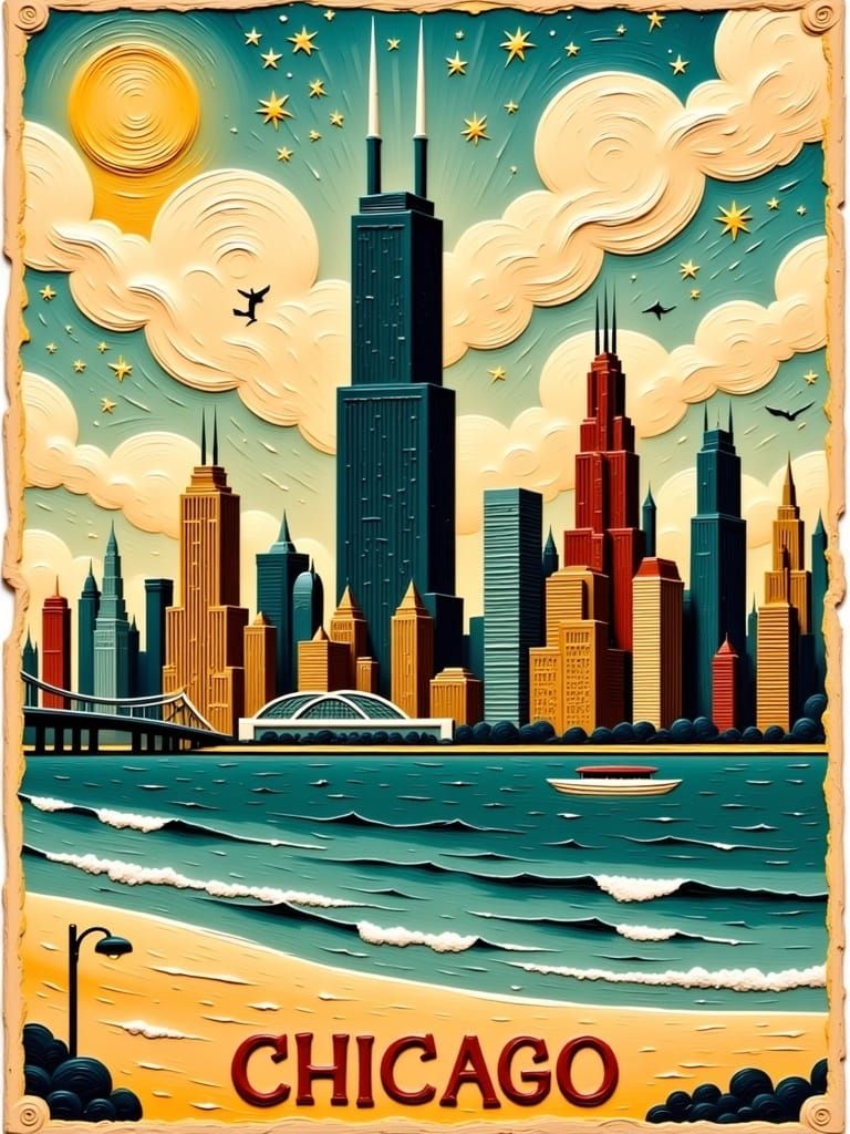 Vintage Art Deco Travel Poster of Chicago with Textured, Dis...