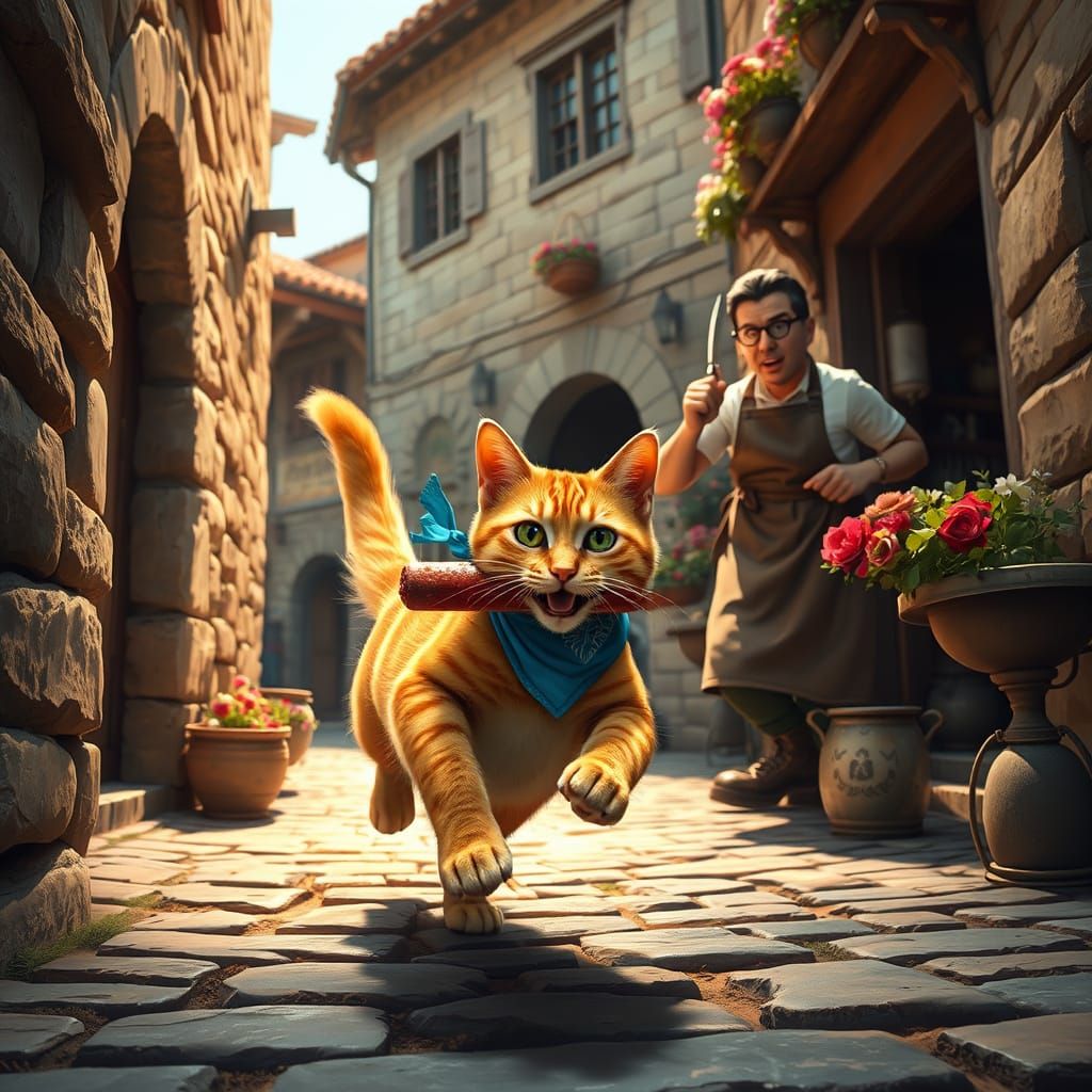 Vibrant Orange Cat Dashes Through Whimsical Cobblestone Alle...