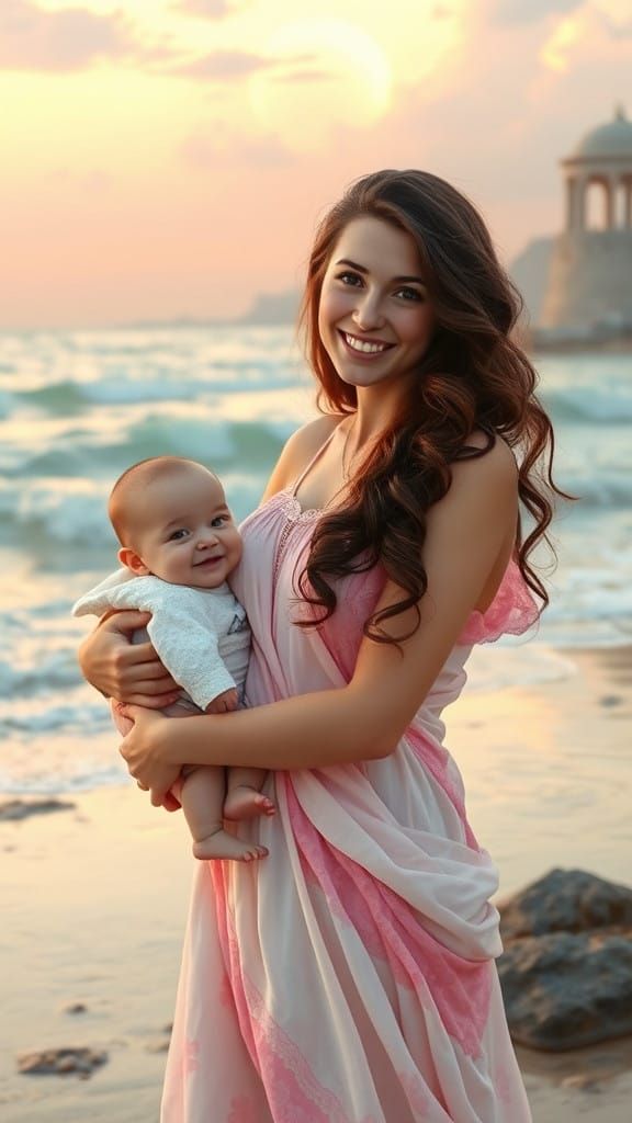 Ethereal Fantasy Princess with Twin Babies on the Beach