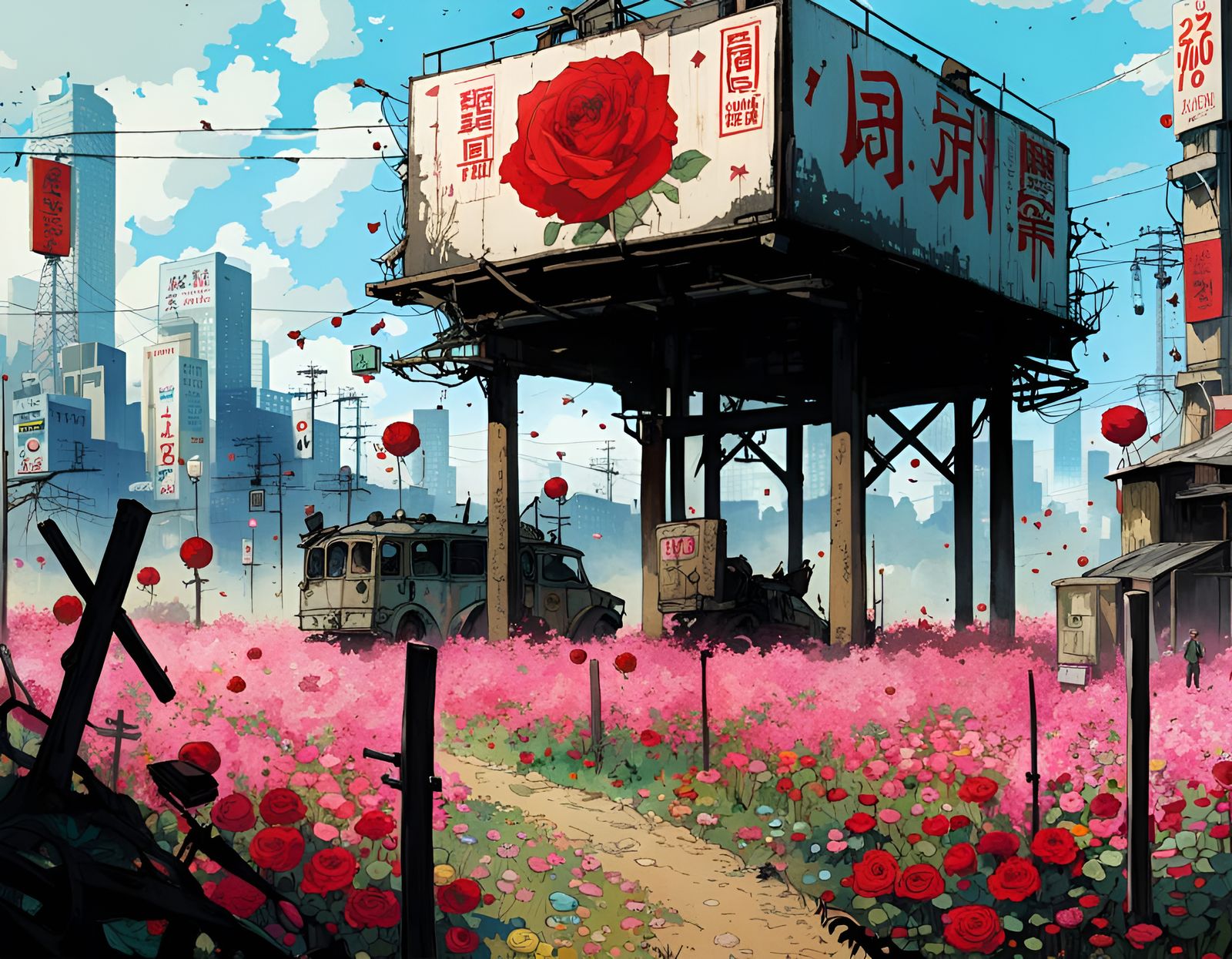 Post-Apocalyptic Rose Field in Anime Style