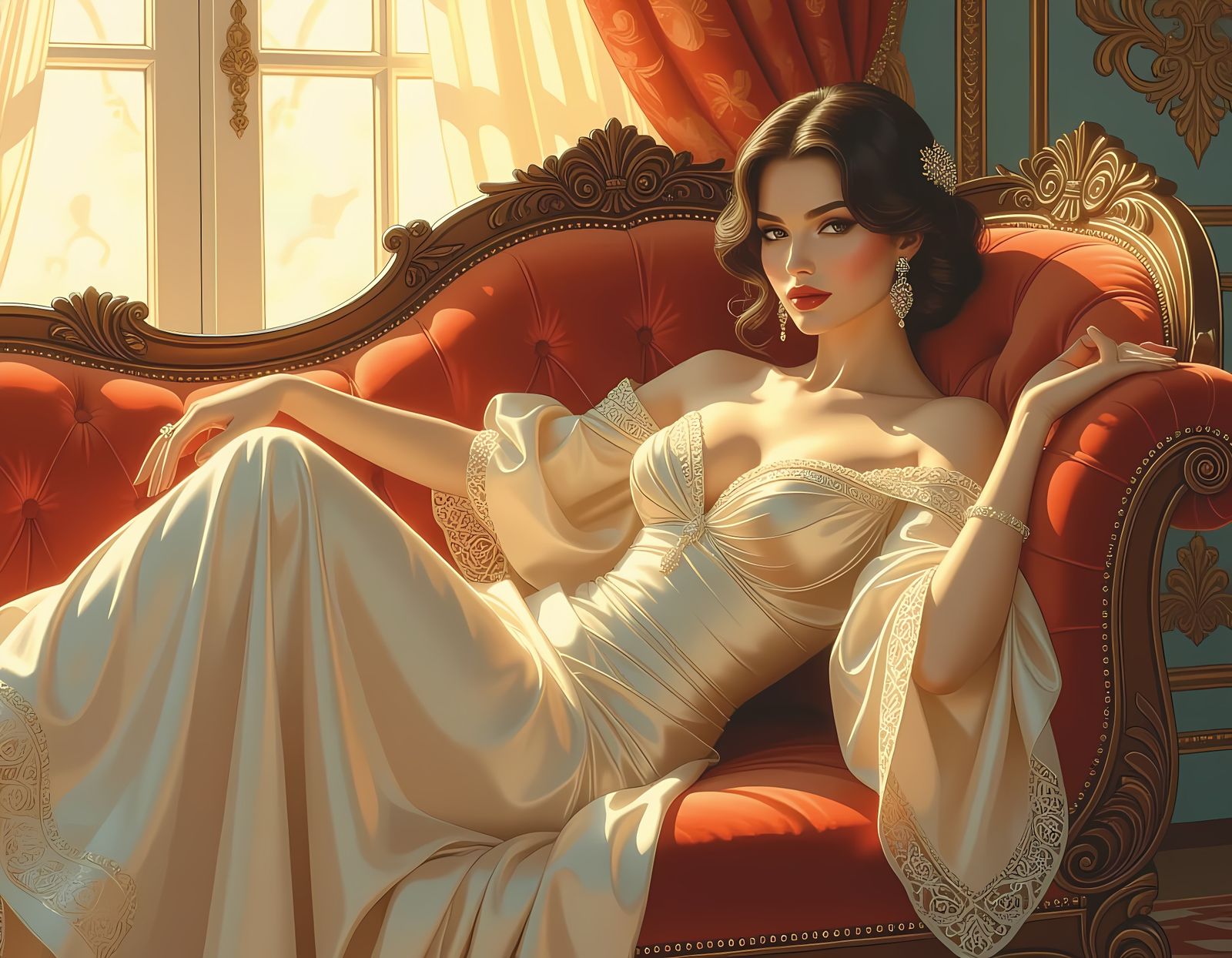 Woman on Chaise Longue in Art Nouveau Style