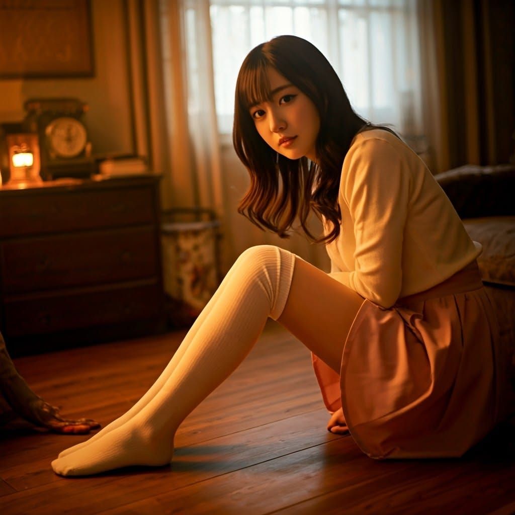 Japanese Woman in Cozy Living Room with Cinematic Lighting