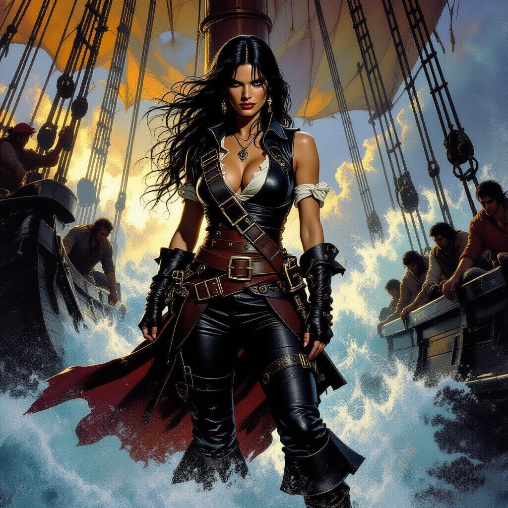 Pirate Woman on Stormy Seas in Dramatic Lighting