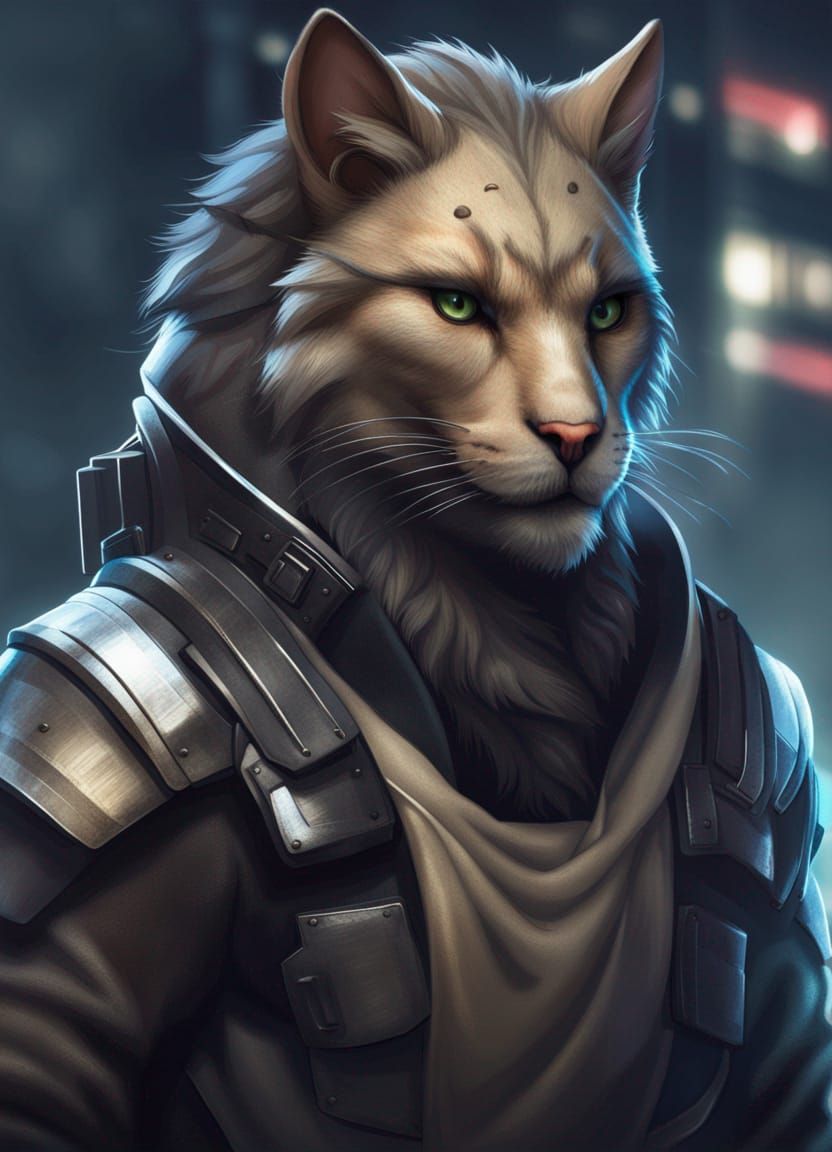 Futuristic Khajiit Warrior in Cyberpunk City