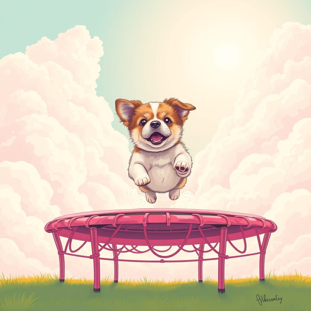 Whimsical Dog Drops from Pastel Trampoline in Dreamlike Sett...