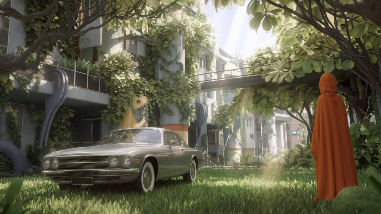 Retro-Futuristic Oasis Amidst a Fantastical Cityscape