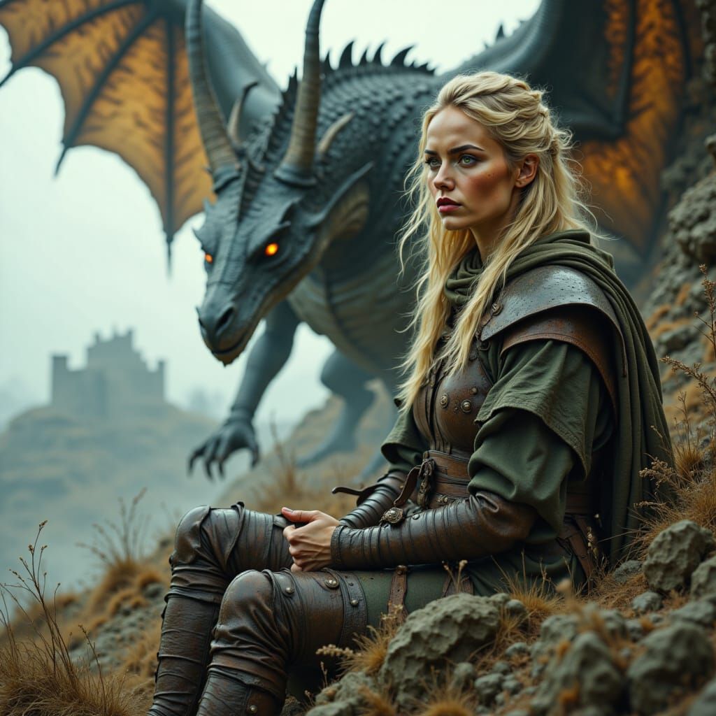 Warrior Contemplates Colossal Dragon on Windswept Cliff