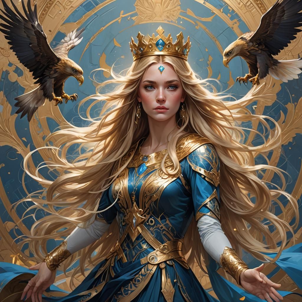 Golden Haired Girl with Eagles, Hyperdetailed Portrait