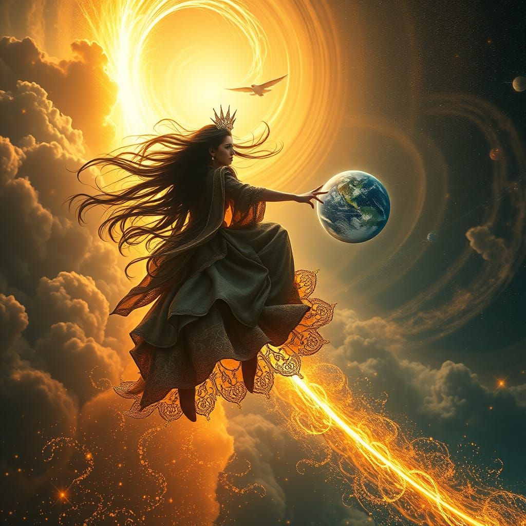 Mystical Sorceress Rides Comet in Cosmic Dreamscape