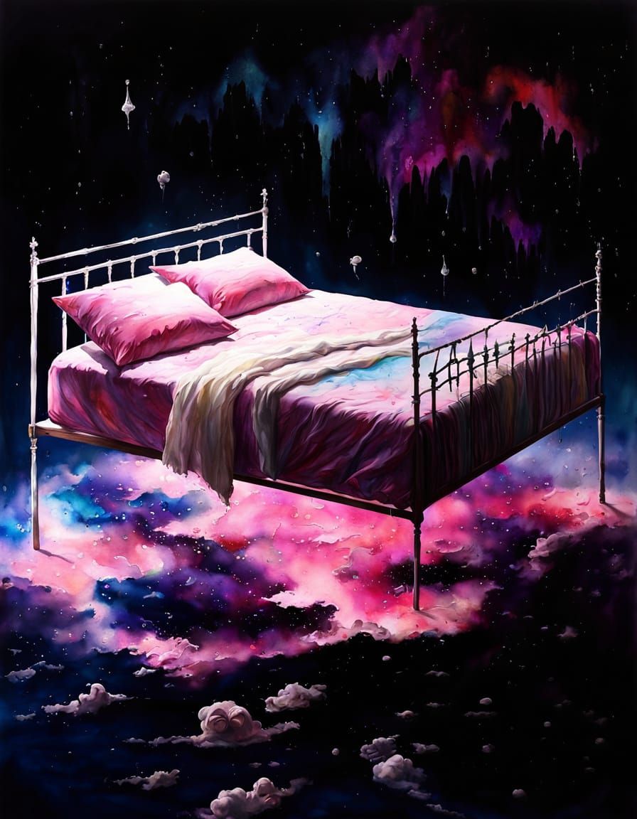 Gothic Nebula Dreamscape with Floating Bed