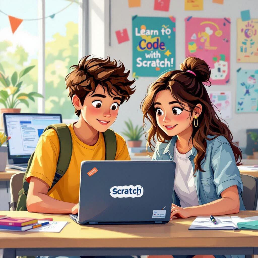 Teenage Boys Coding with Scratch, Digital Art Style