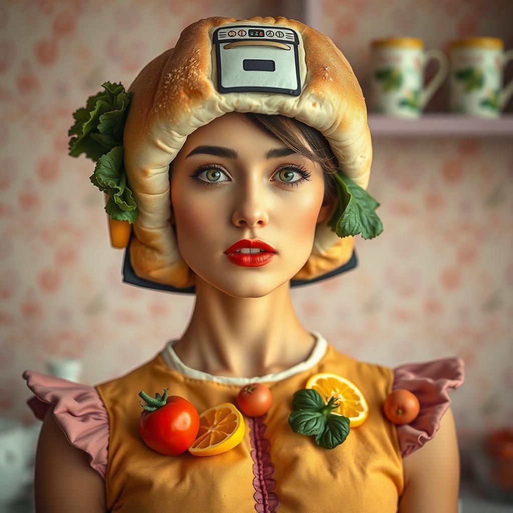 photo, woman, bread dress, vegetable accents, bread helmet, ...