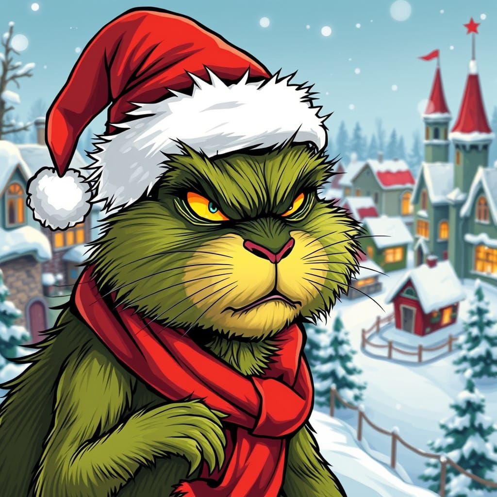 Cell-Shaded Christmas Capybara Grinch in Festive Humor
