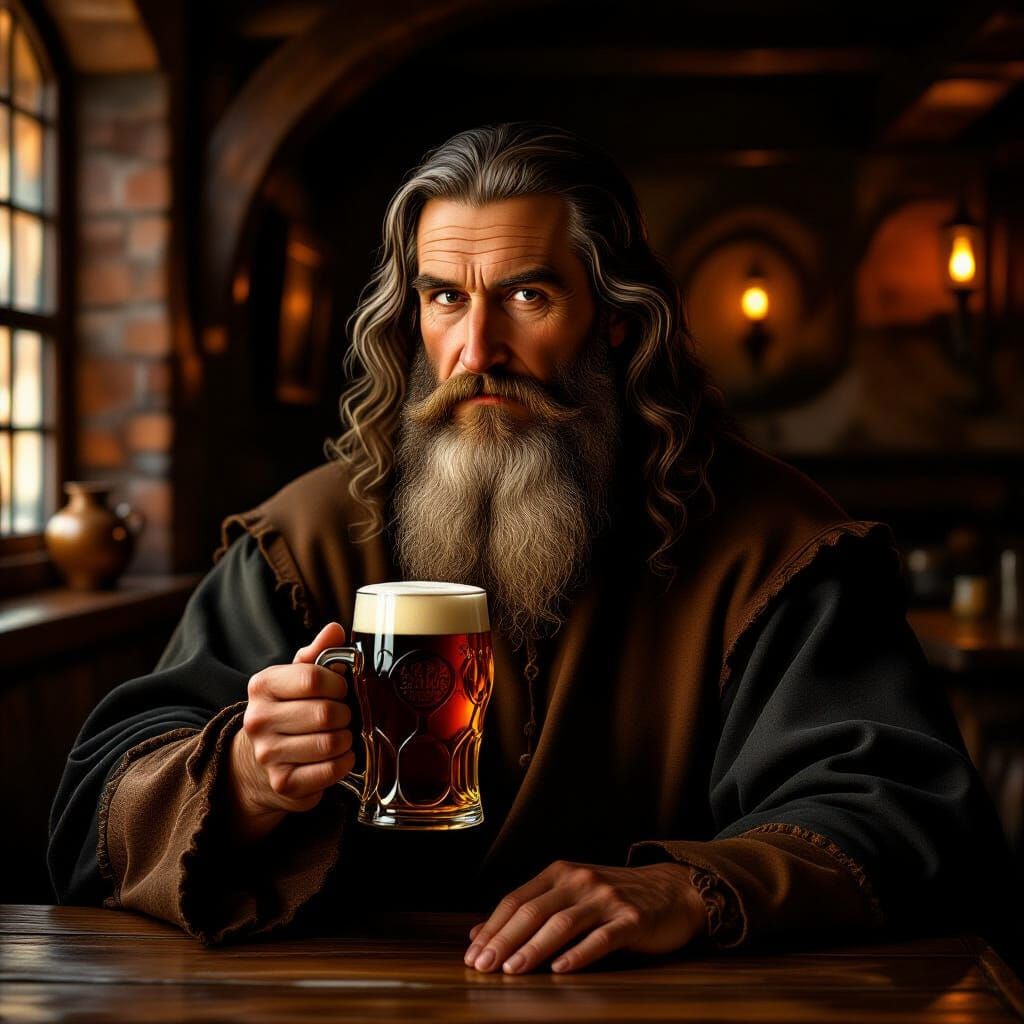 Leonardo da Vinci Enjoys a Pint in Rustic Pub